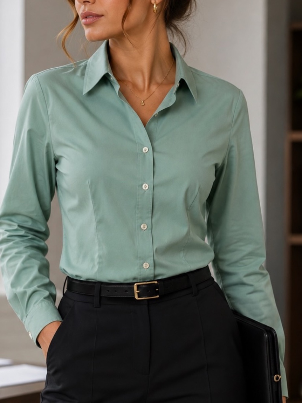 Denver Hayes Button Down Top Womens Size Small Mint Green Career Stretch